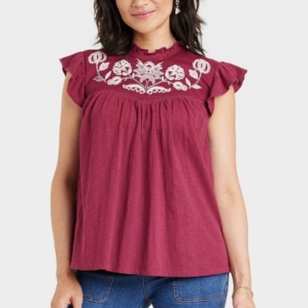 NWT Knox Rose Peasant Embroidered Maroon Blouse